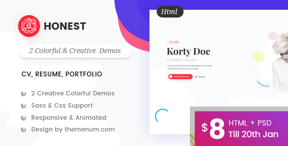 Honest - Creative Portfolio CV Resume HTML Template
