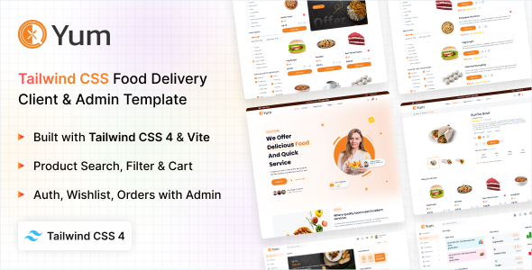 Yum - Tailwind CSS 4 Client & Admin Food Template
